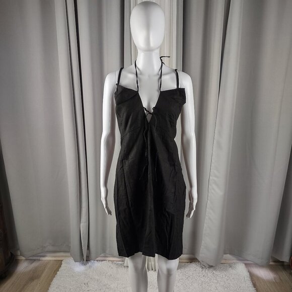 Forever 21+ Black Linen Blend Midi Dress Spaghetti Strap Tie Front Size 3X - Picture 2 of 12